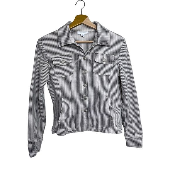 DressBarn Denim Jacket Womens Small Cream Black Striped Long Sleeve Button Up - Picture 1 of 5